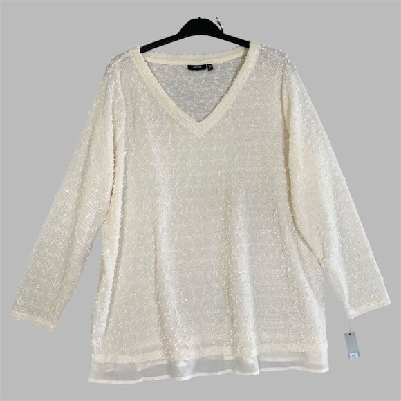 APT.9 Long Sleeve Vneck Sequined Top Knit Ivory Plus Size 2X Stretch - Picture 1 of 12